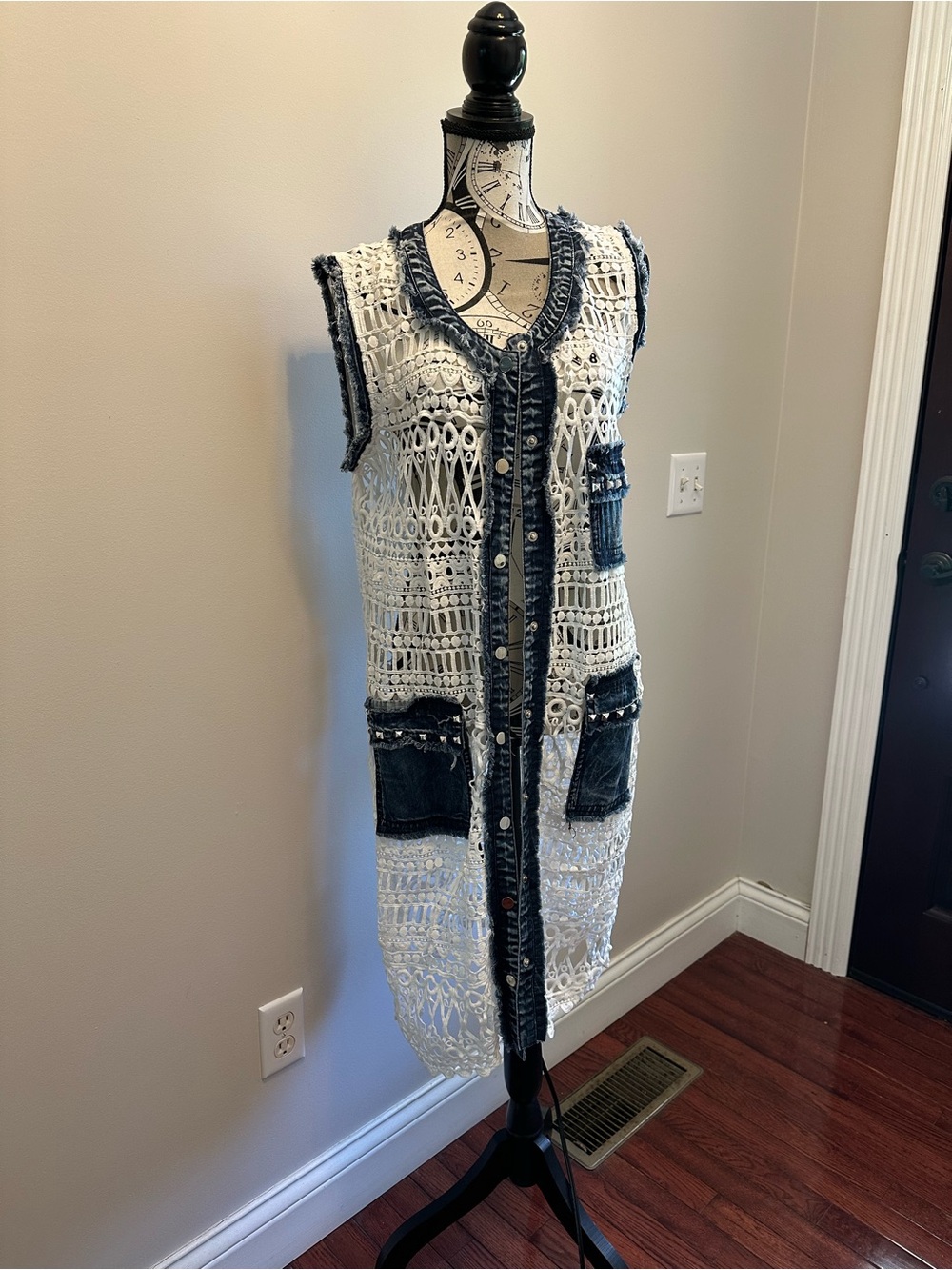 Crochet Long Openwork Vest with Denim Trim - White and Dark Blue.